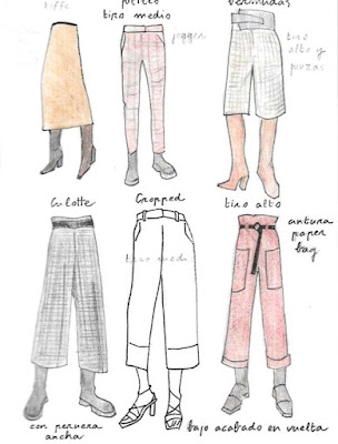 Página de cuaderno con varios bocetos de pantalones y prendas