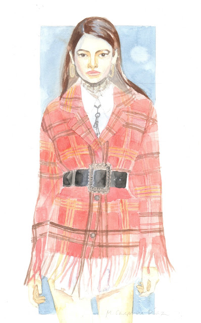 Ilustración de una figura femenina de pie con prendas y complementos de moda